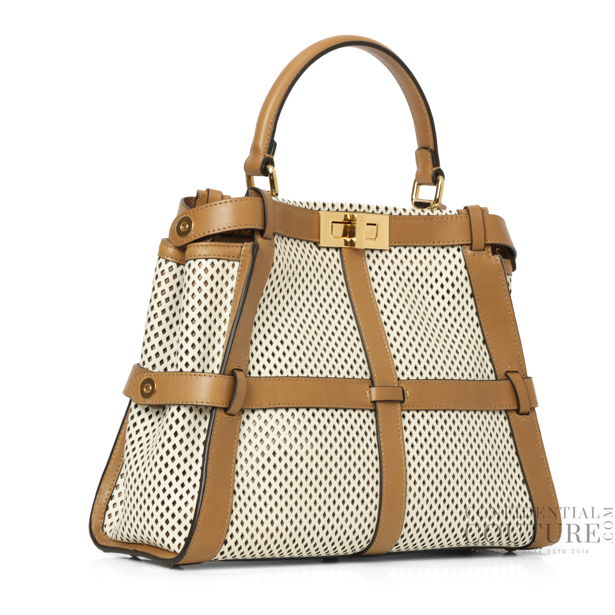 Peekaboo Regular Perforated Leather 2way Handbag In Beige & Brown