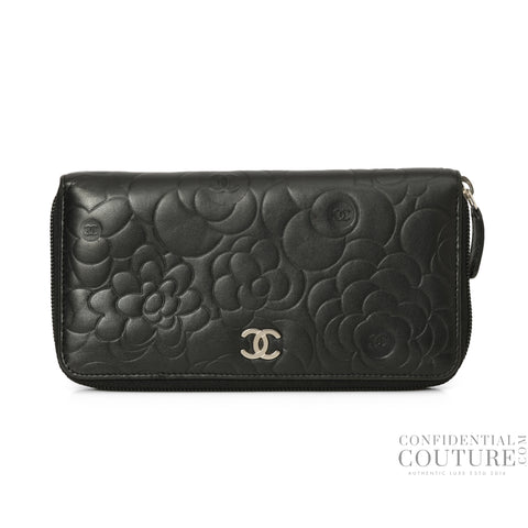 Black Camellia Embossed Zip Around Wallet